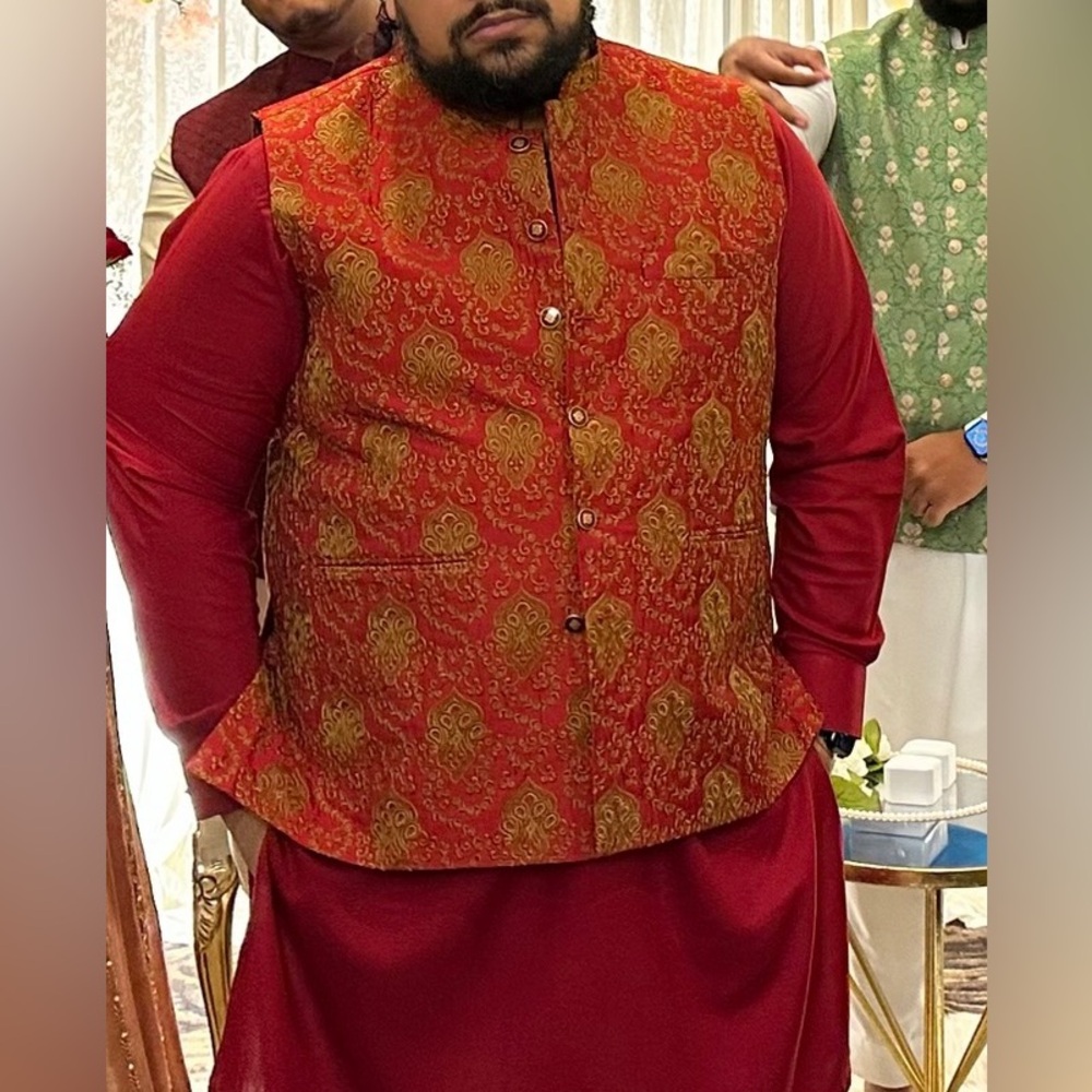 South Asian Red and Gold Embroidered Vest or Waistcoat for Men’s